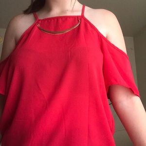 red cold shoulder top w built in necklace